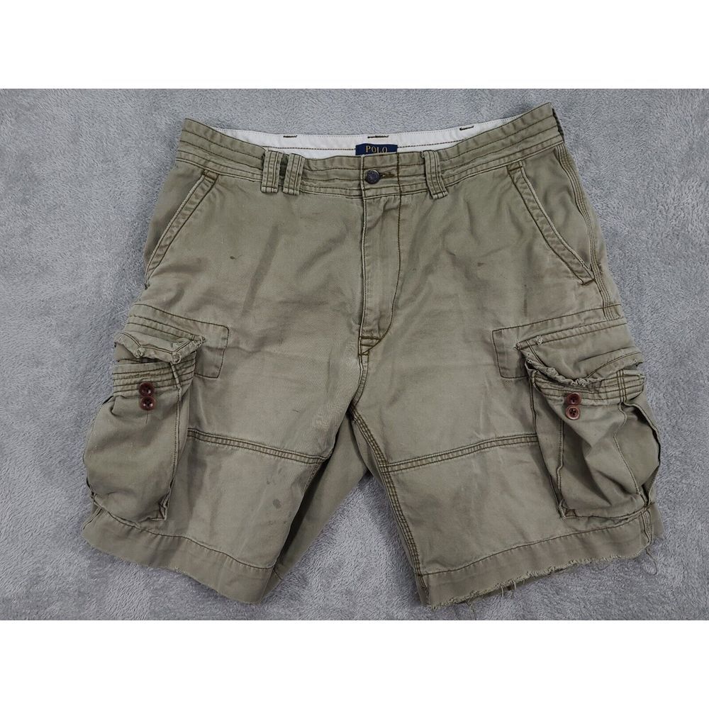 Polo Ralph Lauren Mens Chino Cargo Shorts Sz 36 Green Distressed Faded stains